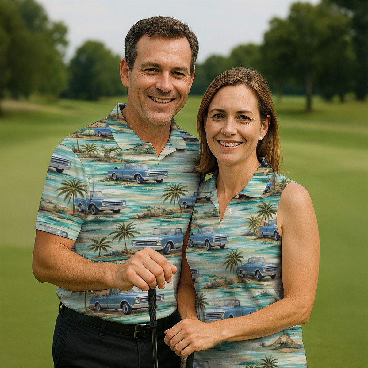 Personalized Truck Golf Shirt, Custom Vehicle Tropical Pattern, Golf Shirt For Men