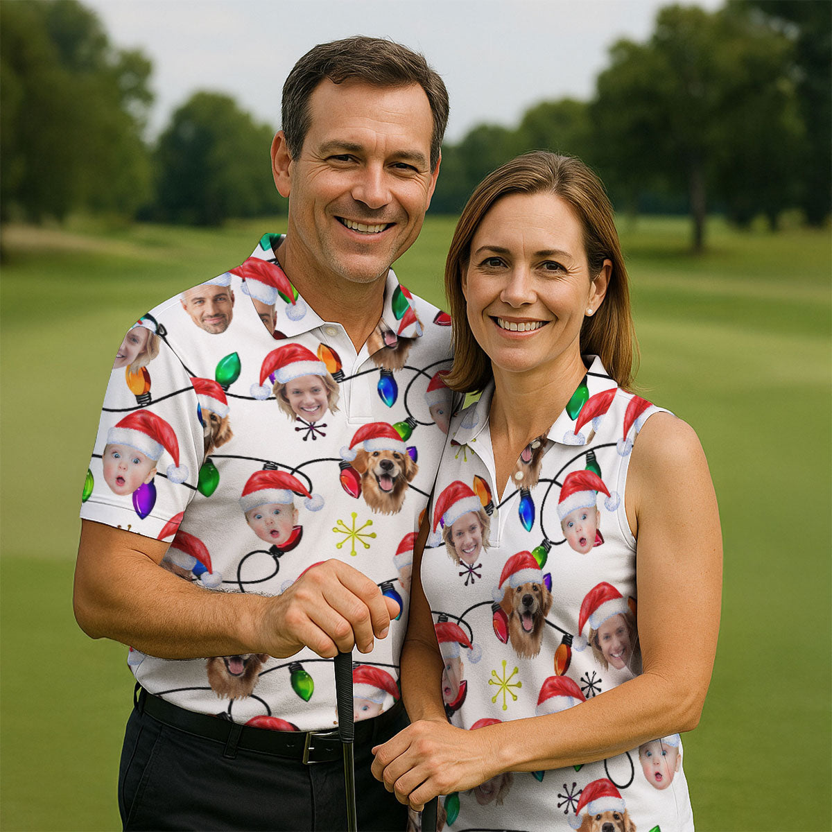 Custom Family Portrait Christmas Lights Pattern Men's Golf Polo Shirtristmas Golf Shirt, Golf Gift For Men