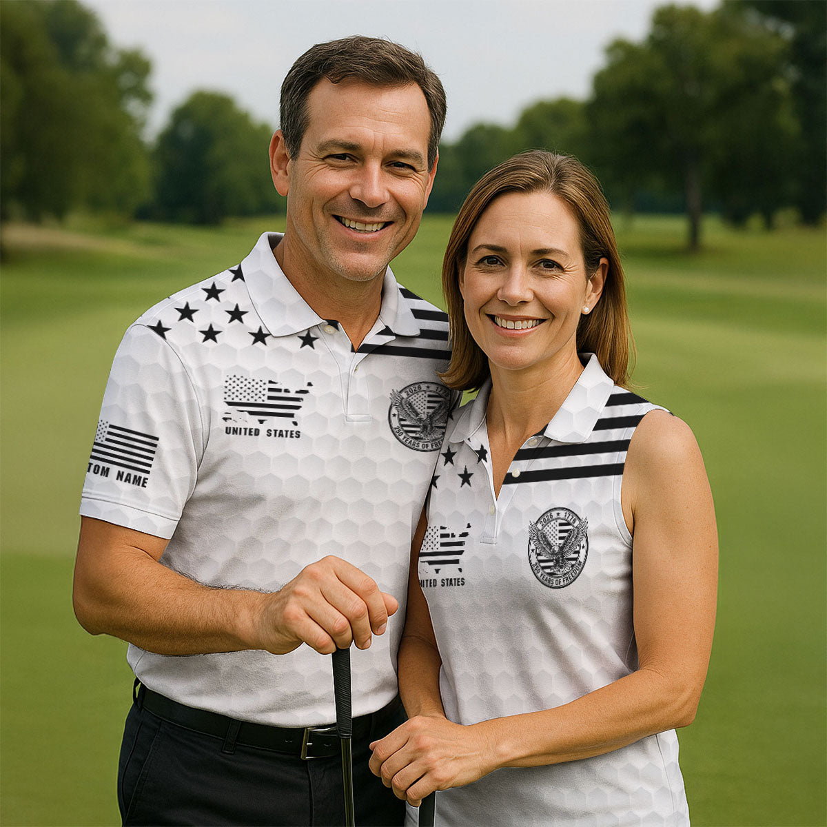 250 Years Of Freedom Golf Ball Pattern White Golf Shirt, 4th Of July Patriotic Golf Shirts For Men