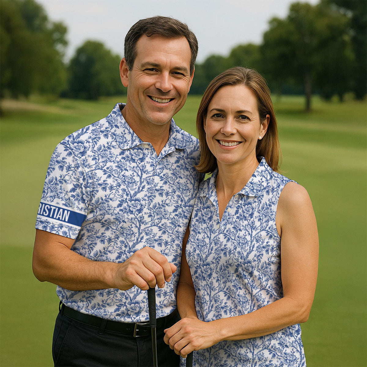 Toile De Jouy Blue Golf Shirt, Golf Tops For Men, Polo ShirtFor Men, Golf Gift For Men, Golf Shirts For Men