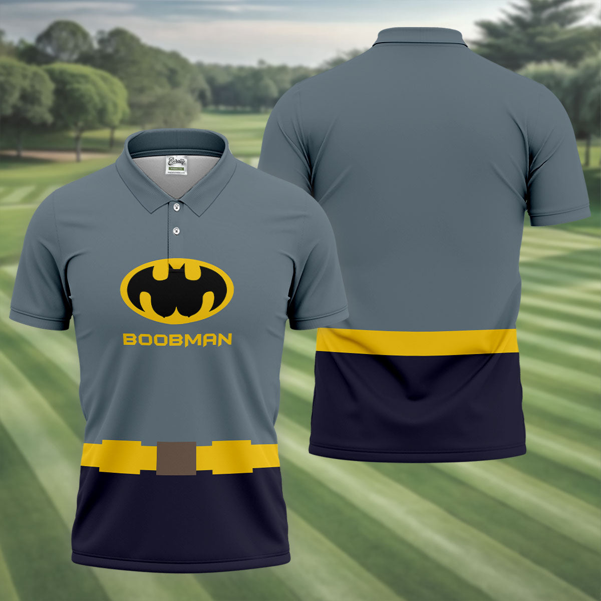 Boobman Comic Hero Logo Belt Golf Polo Shirt, Men's Polo Shirt, Funny Golf Apparel, Performance Golf Shirt