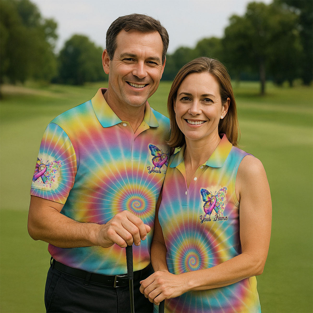 Fight Cancer In All Colors Tie Dye Print Golf Tops For Men, Cancer Awareness Shirt, Golf Shirts For Men