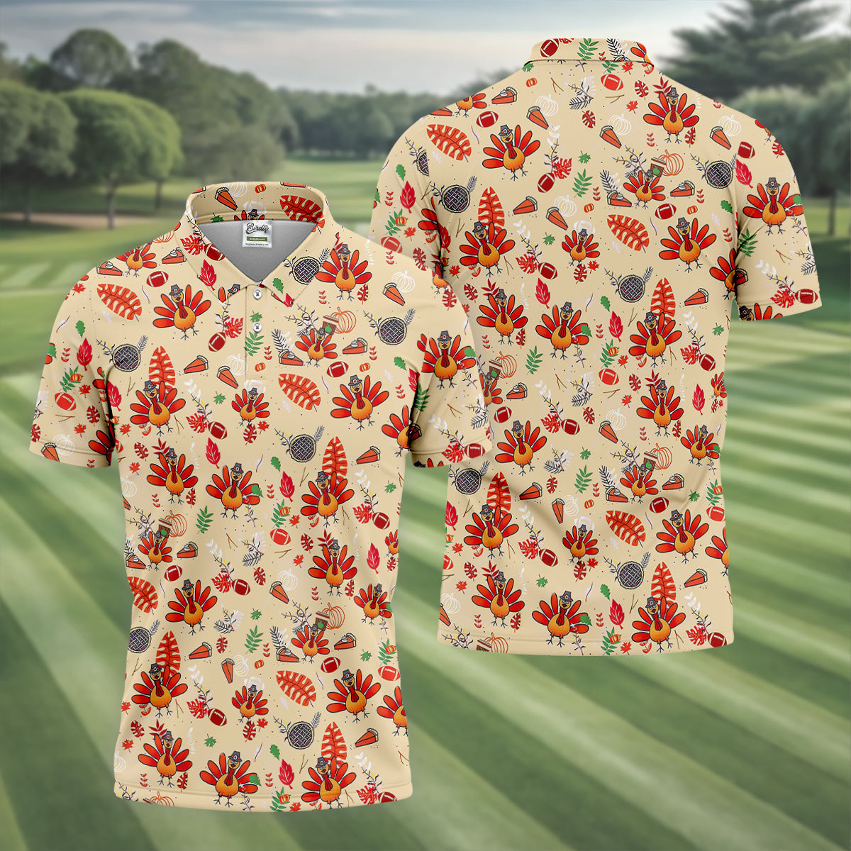Funny Turkey Hawaiian Pattern Thanksgiving Golf Tops For Men, Fun Golf Shirts For Men, Polo ShirtFor Men