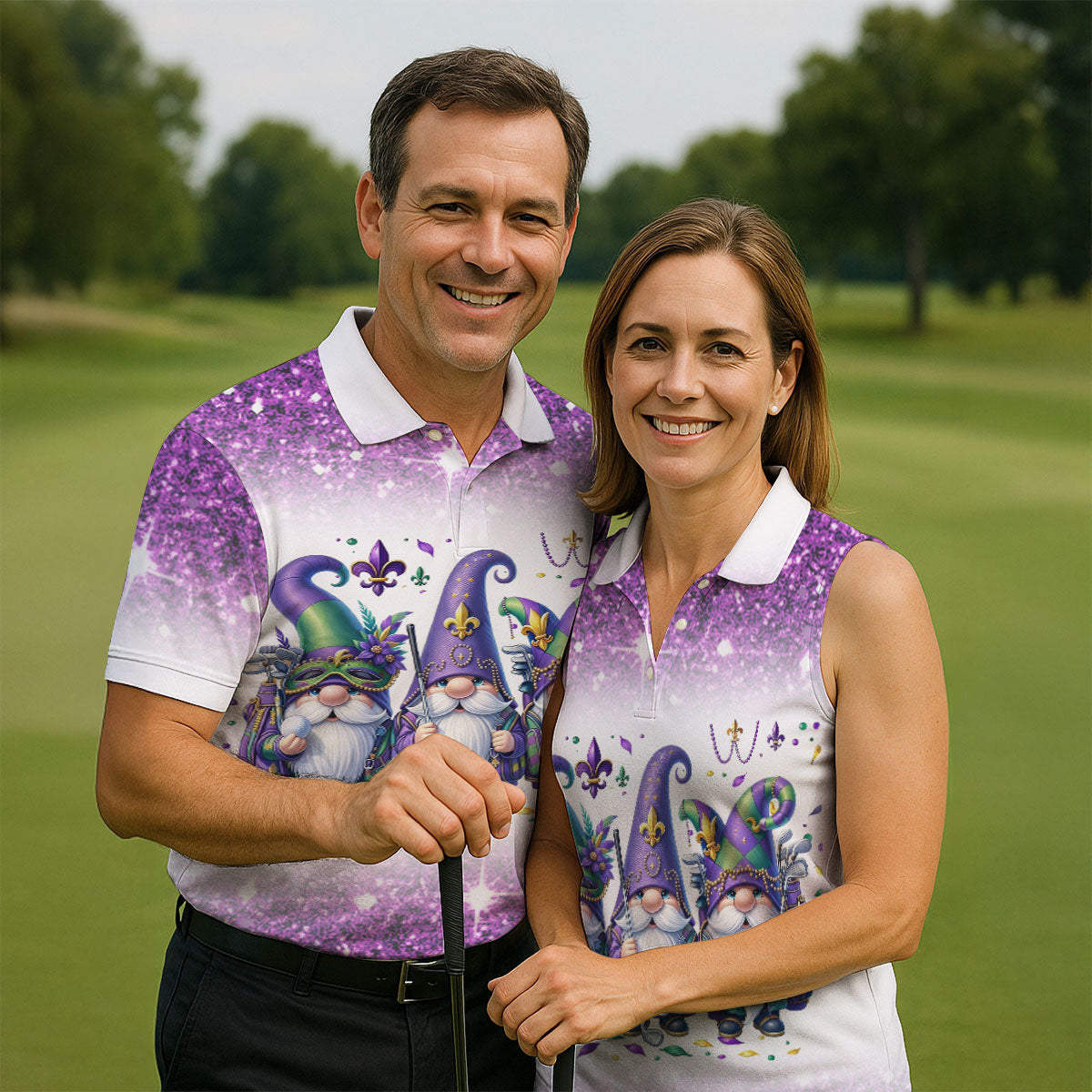 Mardi Gras Gnomes Fleur De Lis Glitter Effect Golf Tops For Men, Polo ShirtFor Men, Golf Shirts For Men