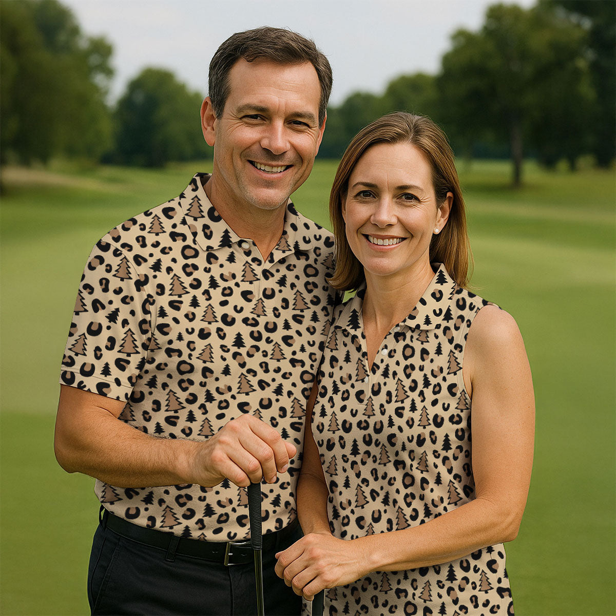 Xmas Pine Tree Leopard Pattern Brown Golf Shirt, Christmas Golf Shirt, Cute Golf Outfit, Polo ShirtFor Men