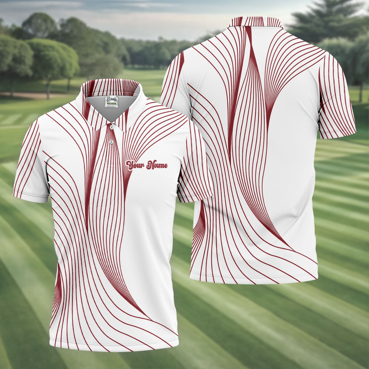 Geometric Line Wavy Line Red And White Custom Name Golf Shirts For Men, Men's Golf Shirt, Polo ShirtFor Men