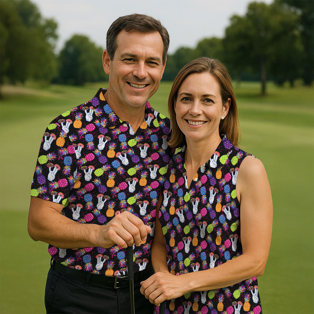 Hawaiian Pineapples Donut Finger Green Blue Pink Fun Women's Golf Shirts, Women's Golf Tops, Ladies Golf Shirts