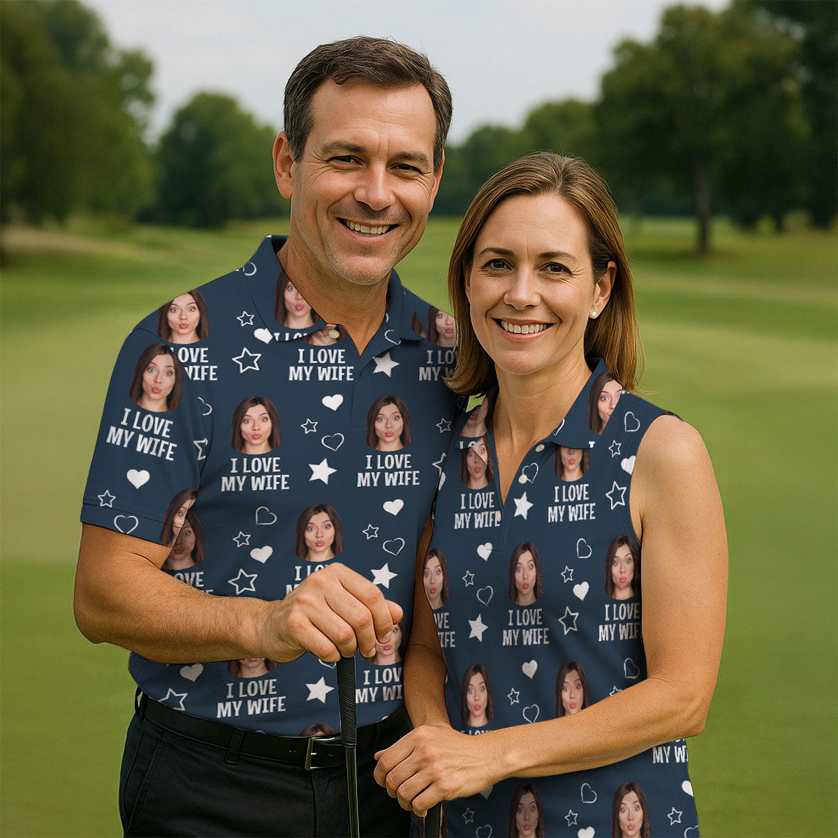 I Love My Husband Custom Face Navy Golf Shirt, Fun Women's Golf Shirts, Valentines Golf Gift, Ladies Golf Shirts
