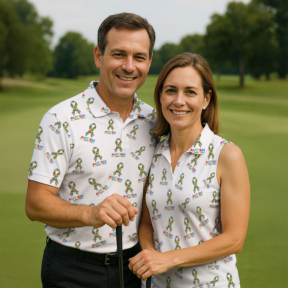 Autism Awareness Colors Autism Ribbon White Golf Shirt, Women's Golf Tops, Ladies Golf Polos