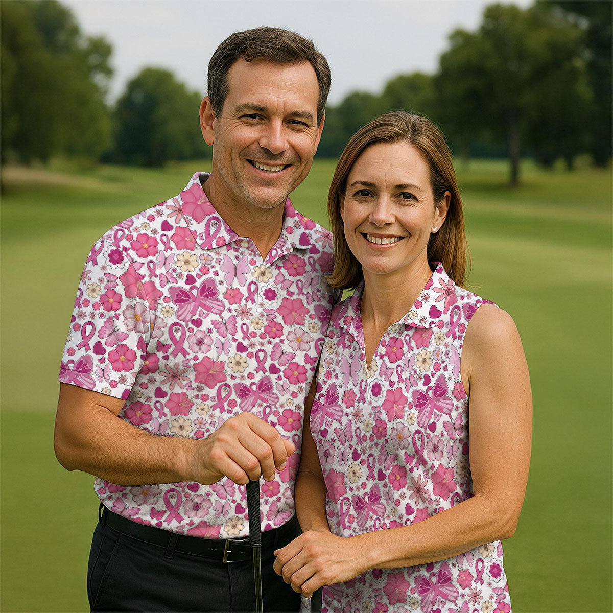 Breast Cancer Pink Ribbon Floral Golf Shirt, Cancer Awareness Shirt, Polo Shirtor Men, Golfing Apparel