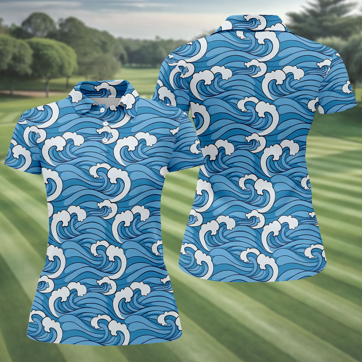 Japanese Wave Golf Shirt, Ocean Wave Pattern Women's Golf Polo, Polo Shirts For Women