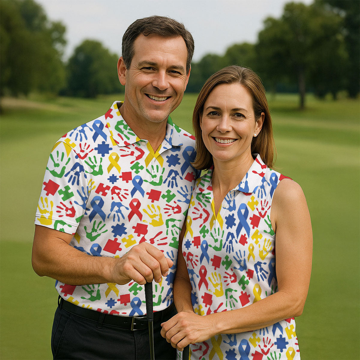 Autism Ribbon Colorful Puzzle Pieces Handprints Golf Tops For Men, Polo ShirtFor Men, Golf Shirts For Men