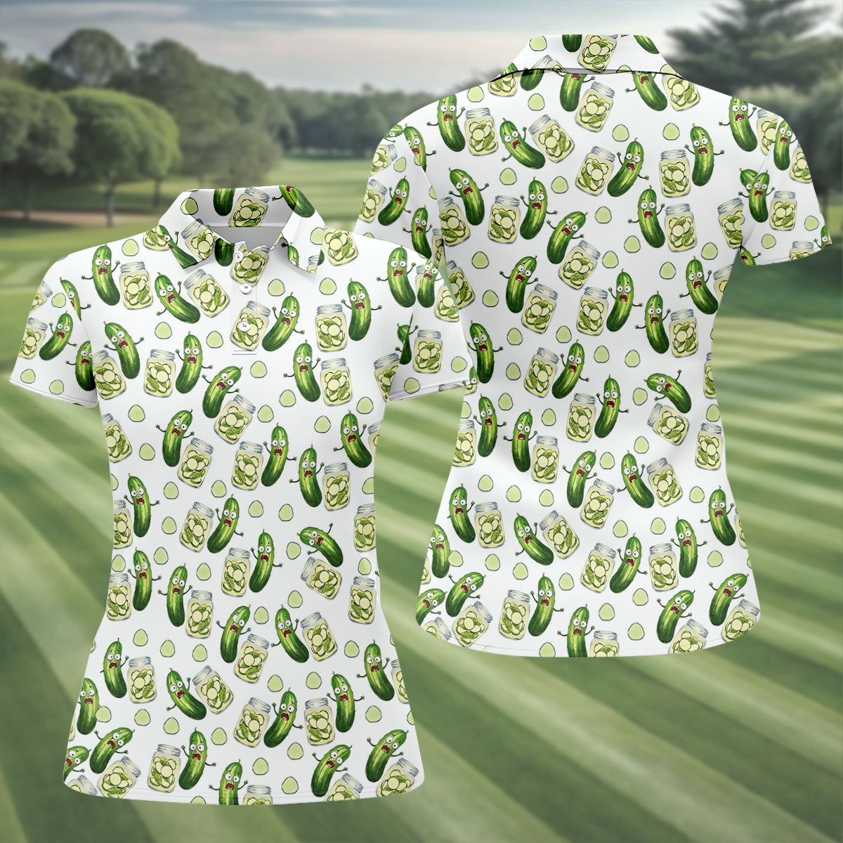 Funny Pickle Hawaiian Golf Shirt, Cartoon Style Women's Golf Tops, Ladies Golf Shirts
