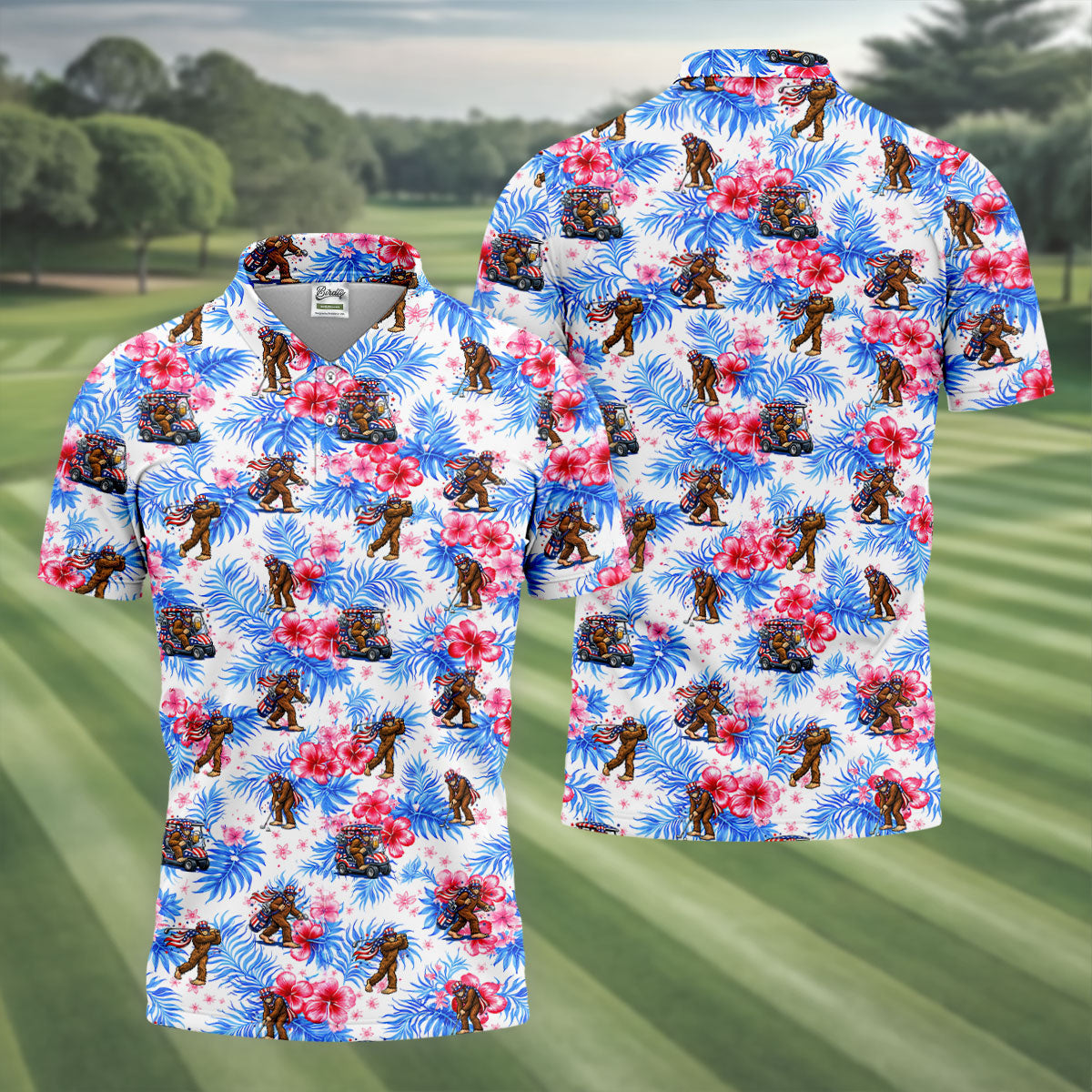 Funny Bigfoot Golf Pose 4th Of July Tropical Vibe Golf Shirts For Men, 250th Anniversary Patriotic Golf Shirt