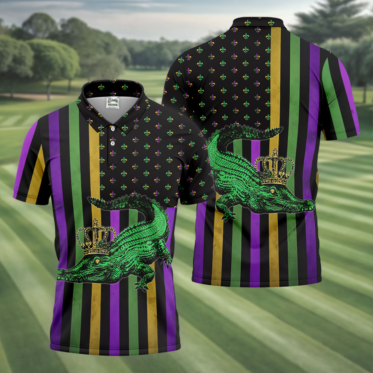 Mardi Gras Aligator Purple Green Gold Vertical Stripes Fleur De Lis Golf Tops For Men, Polo ShirtFor Men