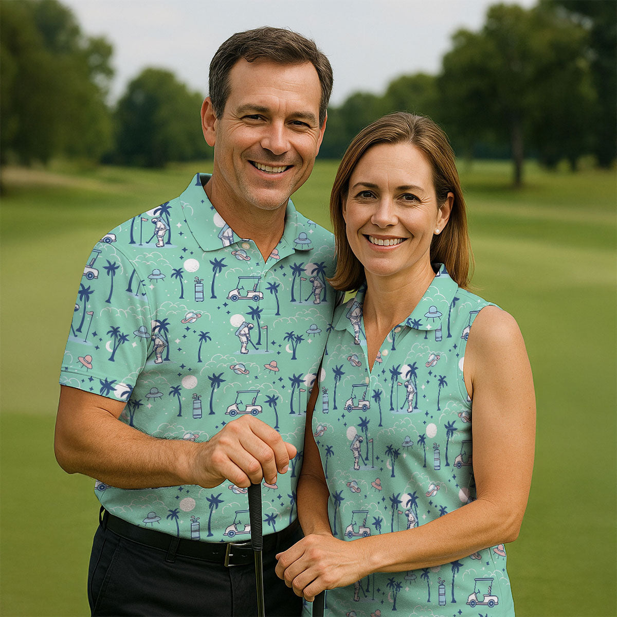 Astronaut Golfing Space Themed Tropical Golf Shirt, Golf Tops For Men, Golf Shirts For Men