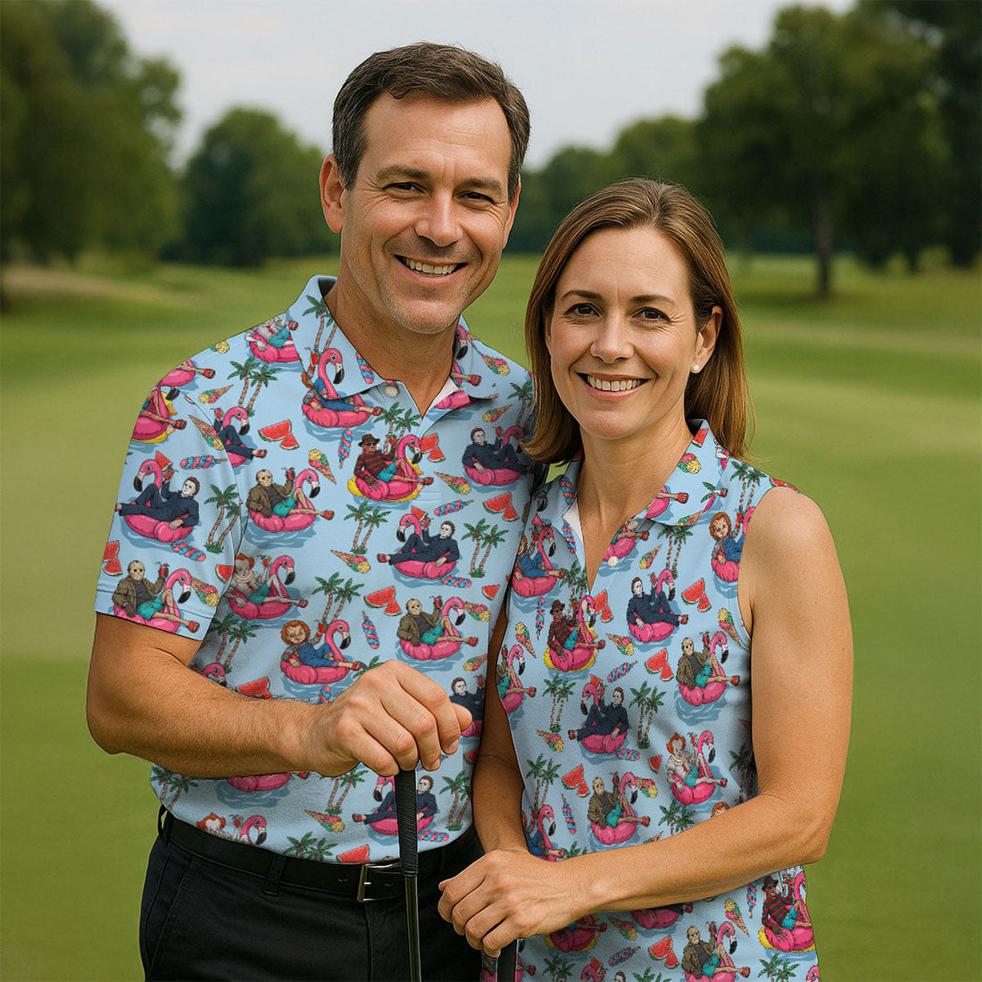 Retro Horror Character Villains Floating On Flamingo Pool Floats Golf Polo Shirt, Mens Golf Polo, Printed Golf Shirts