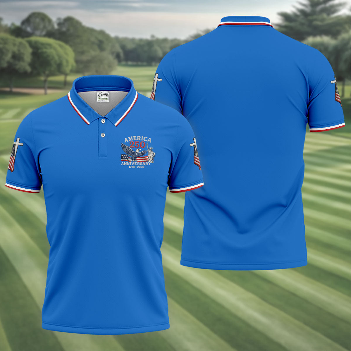 Faith Cross Bald Eagle America 250 Anniversary Blue Patriotic Golf Shirt, Golf Shirts For Men