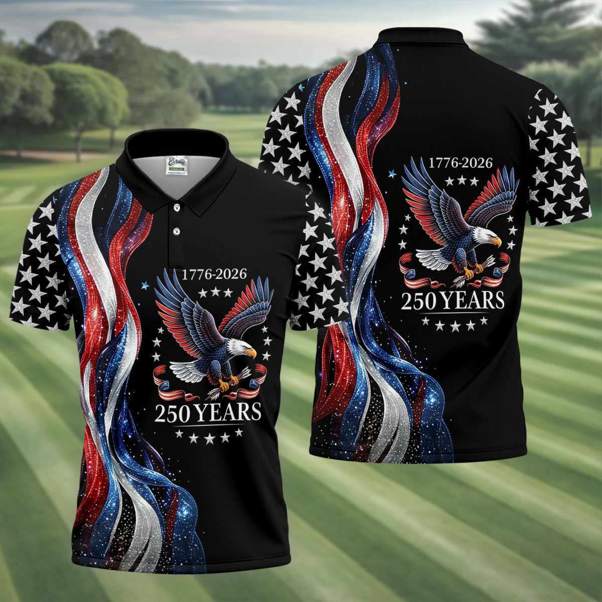 Bald Eagle Red White Blue Wavy Stripes Patriotic Golf Shirt, 250 Years 4th Of July Golf Shirts For Men