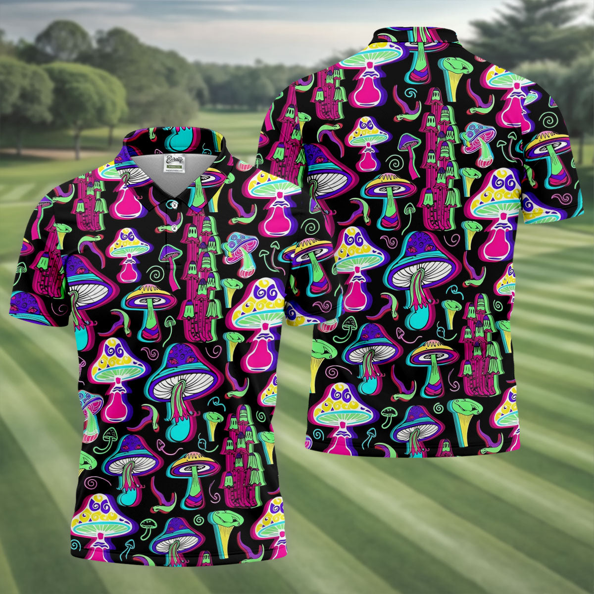 Black Neon Mushroom Pattern Golf Shirt, Mens Golf Polo, Golf Apparel For Men, Printed Golf Shirts
