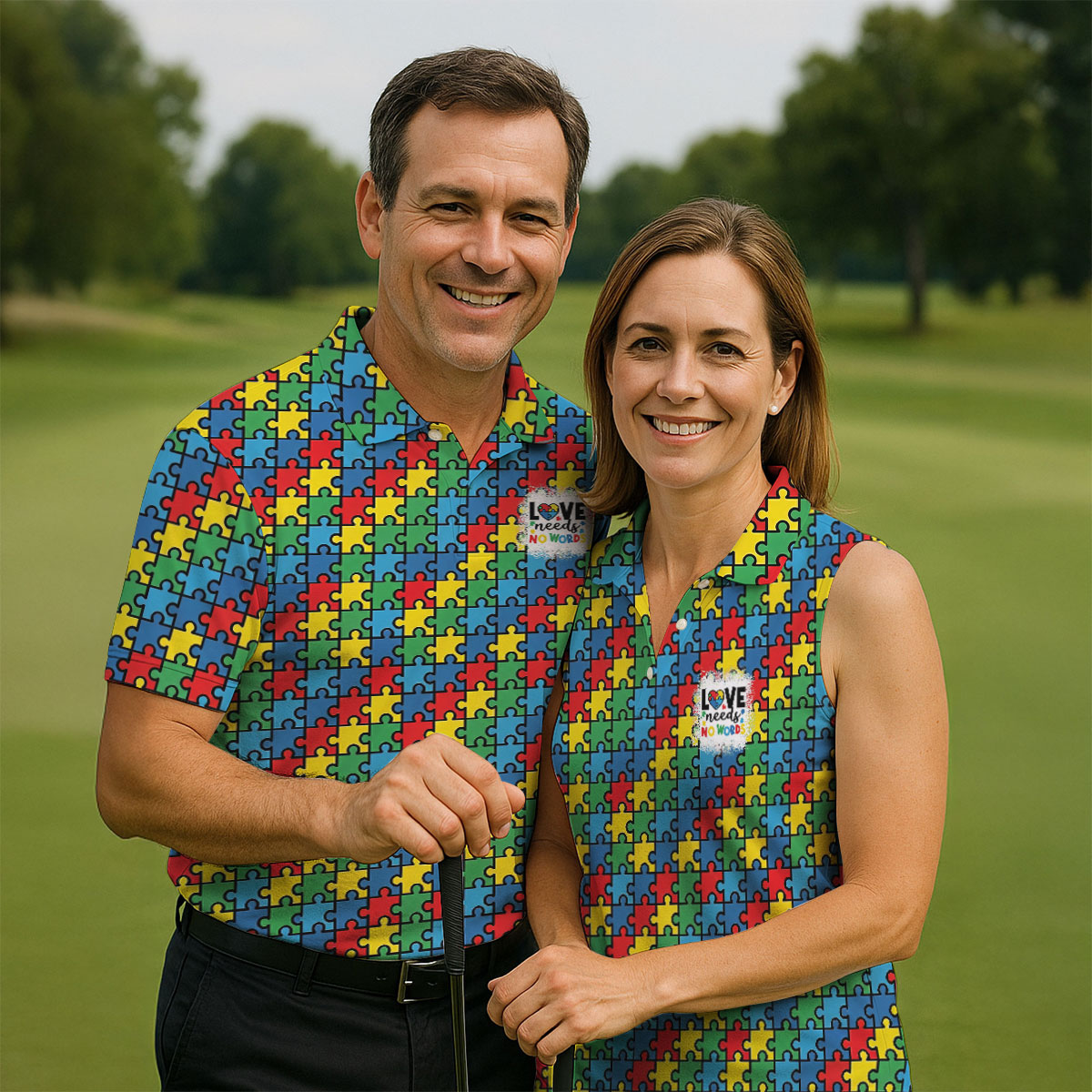 Love Needs No Words Autism Awareness Jigsaw Puzzle Pieces Men's Golf Shirt, Polo Shirt Men
