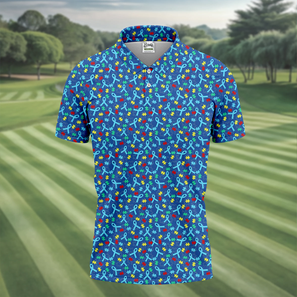 Autism Awareness Ribbon And Colorful Puzzles Blue Golf Shirt, Golf Shirts For Men, Polo ShirtFor Men