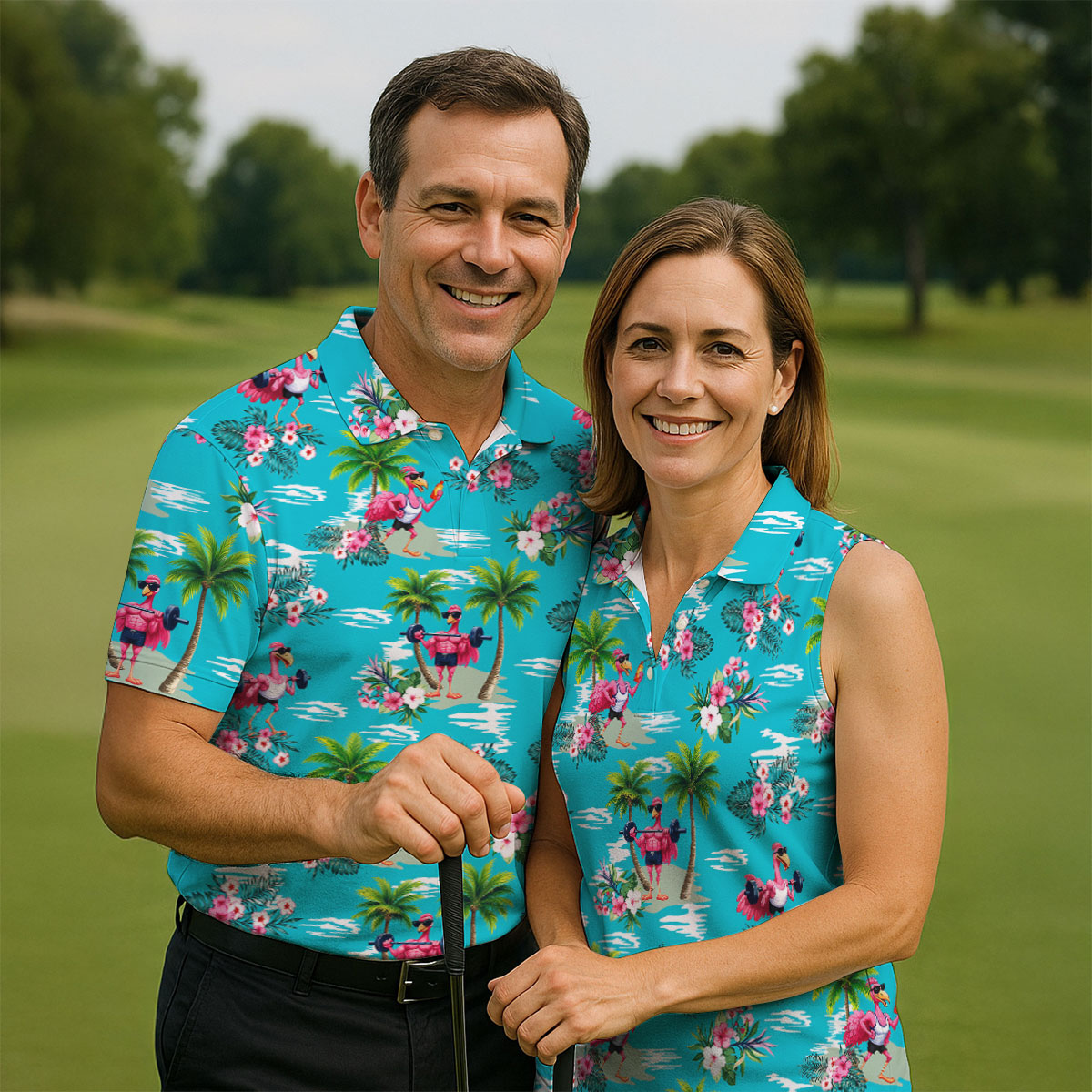 Funny Weightlifting Flamingo Tropical Hawaiian Golf Shirt, Golf Polo For Women, Printed Golf Shirt