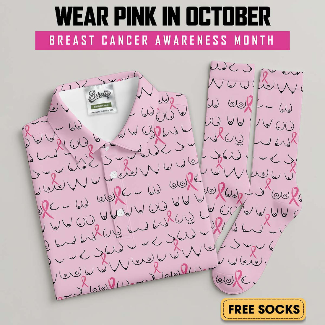 Funny Pink Men's Golf Shirt With Socks Free, Breast Cancer Awareness Gift