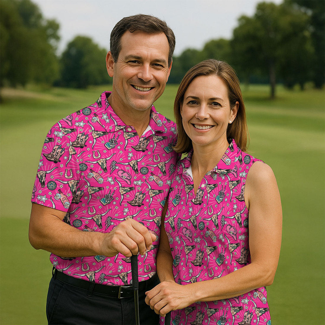 Pink Western Cowgirl Pattern Golf Polo Shirt, Golf Apparel For Men, Printed Golf Shirts