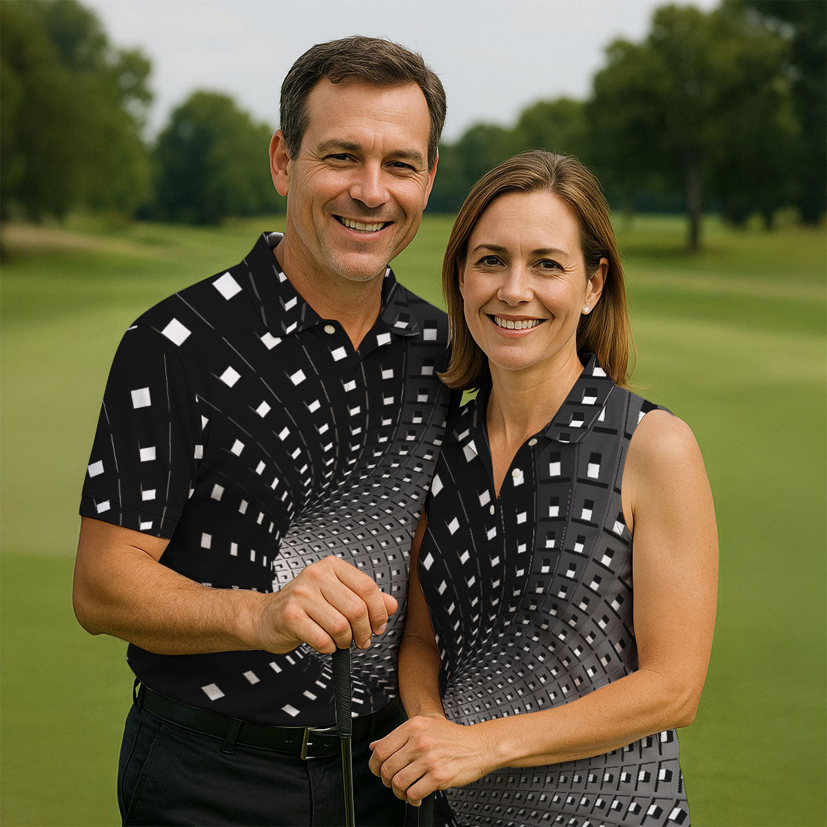 3D Vortex Golf Shirt, Black White Optical Illusion Tunnel Pattern, Golf Shirt For Men