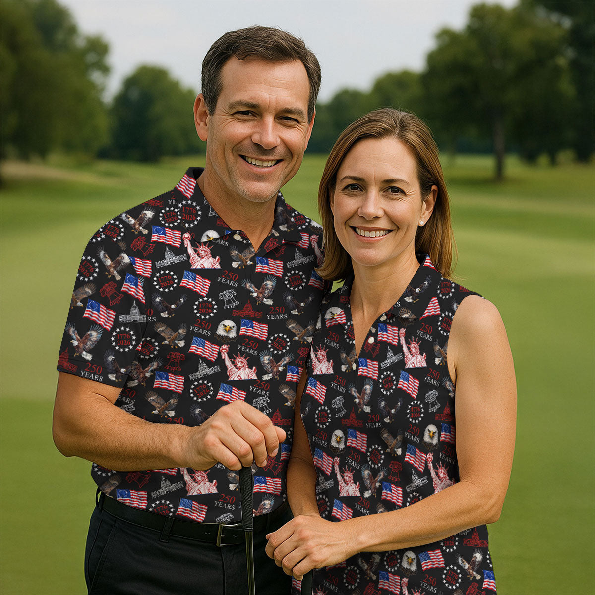 250 Years American Symbol Patriotic Pattern Black Golf Shirt, 4th Of July Golf Shirt, Golf Shirts For Men