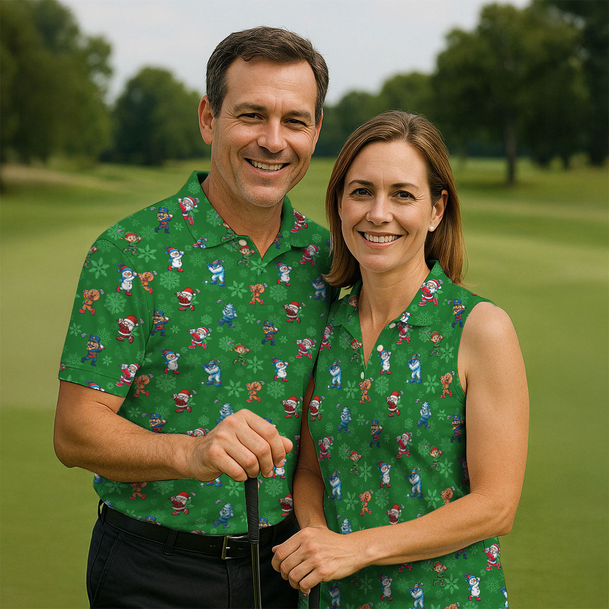 Funny Christmas Characters Golf Pose Green Golf Shirt, Christmas Golf Shirt, Ladies Golf Shirts, Women's Polo Shirt