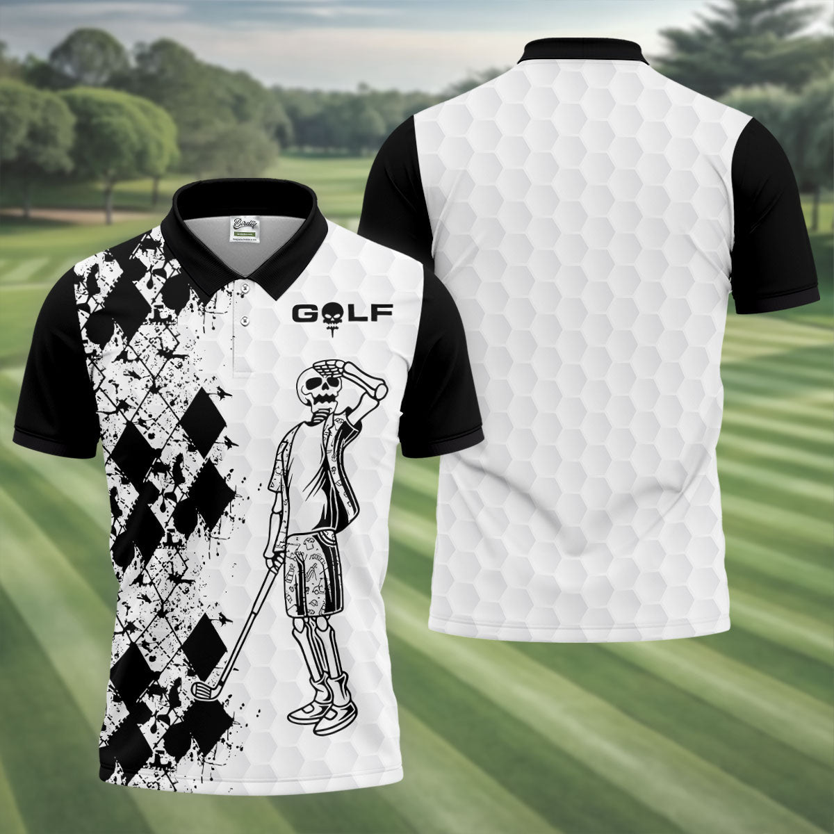 Golf Skeleton Splatter Effect Argyle Pattern Golf Tops For Men, Father's Day Golf Gift