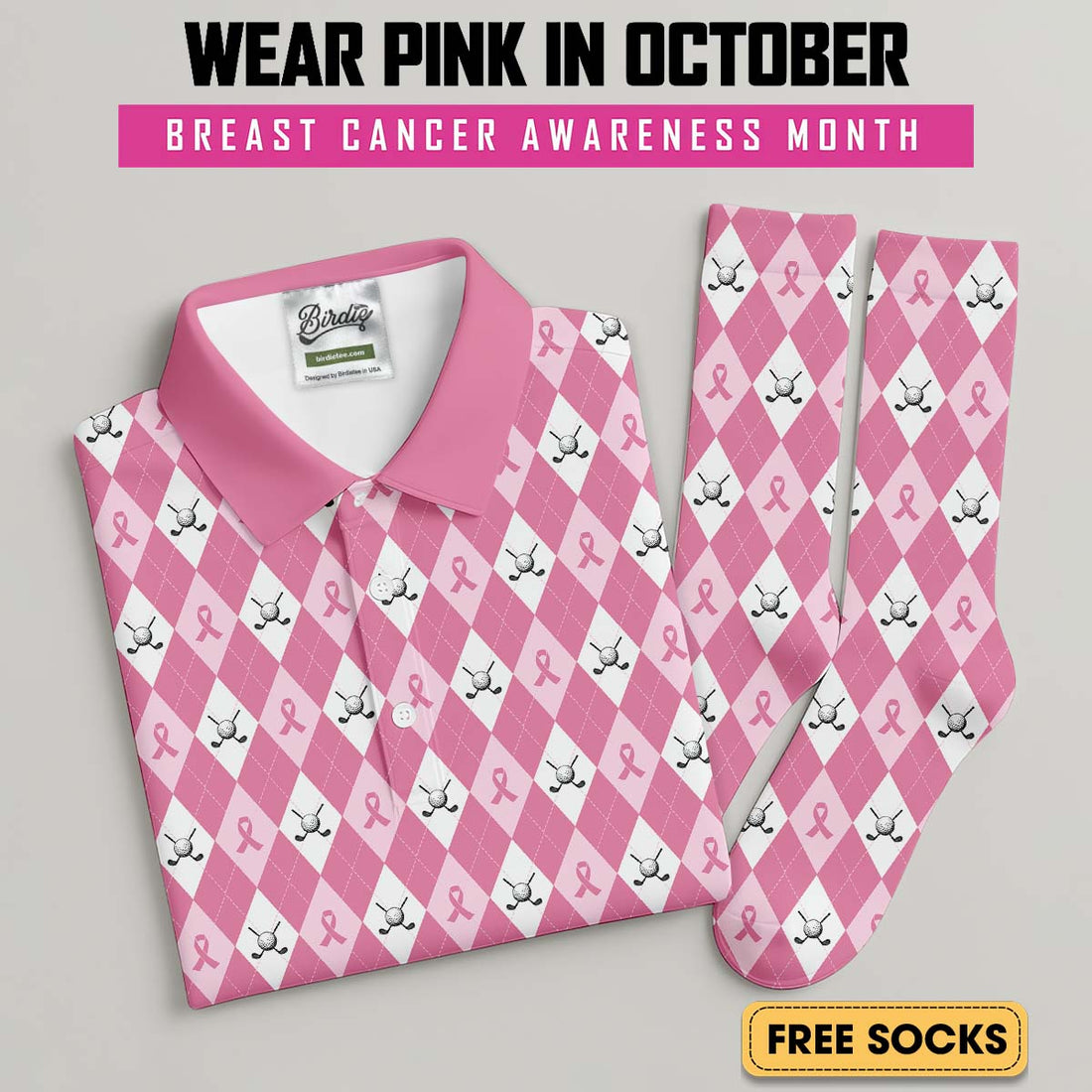 Pink Argyle Men's Golf Shirt With Socks Free, Breast Cancer Awareness Gift
