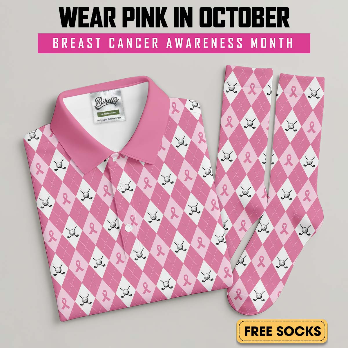 Pink Argyle Men's Golf Shirt With Socks Free, Breast Cancer Awareness Gift
