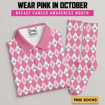 Pink Argyle Men's Golf Shirt With Socks Free, Breast Cancer Awareness Gift