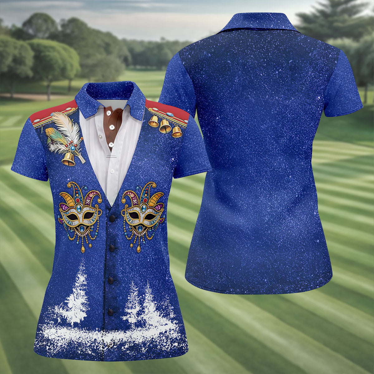 Masquerade Mask Feather Mardi Gras Glitter Print Blue Golf Shirt, Women's Golf Tops, Ladies Golf Shirts