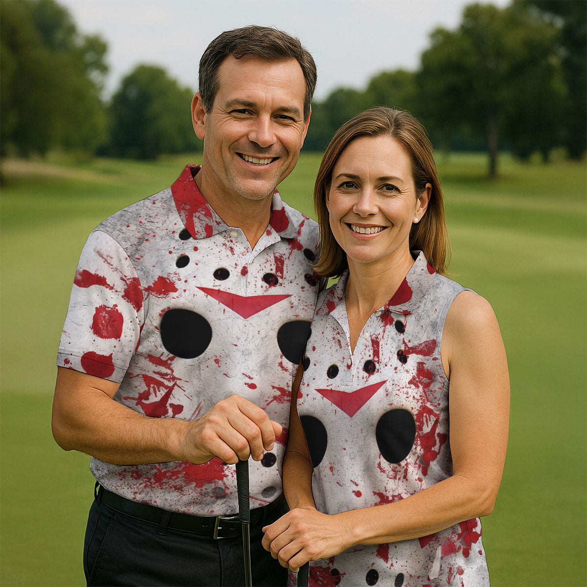 Creepy Mask Face Golf Tops For Men, Horror Character Cosplay Polo Shirtor Men, Halloween Golf Shirt
