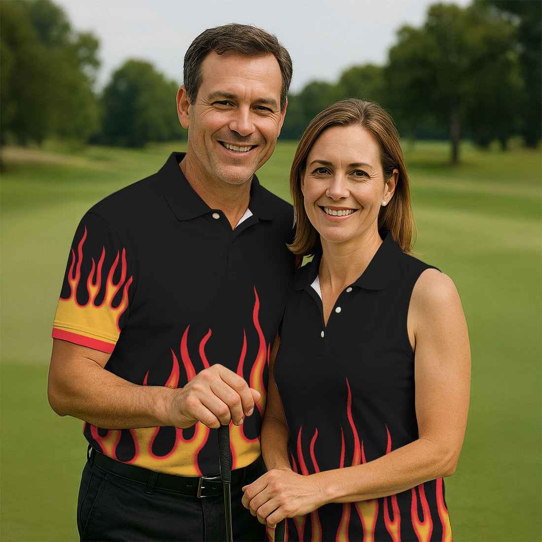 Retro Flame Fire Pattern Design Hawaiian Golf Shirt, Golf Shirts For Men, Polo Shirts For Men