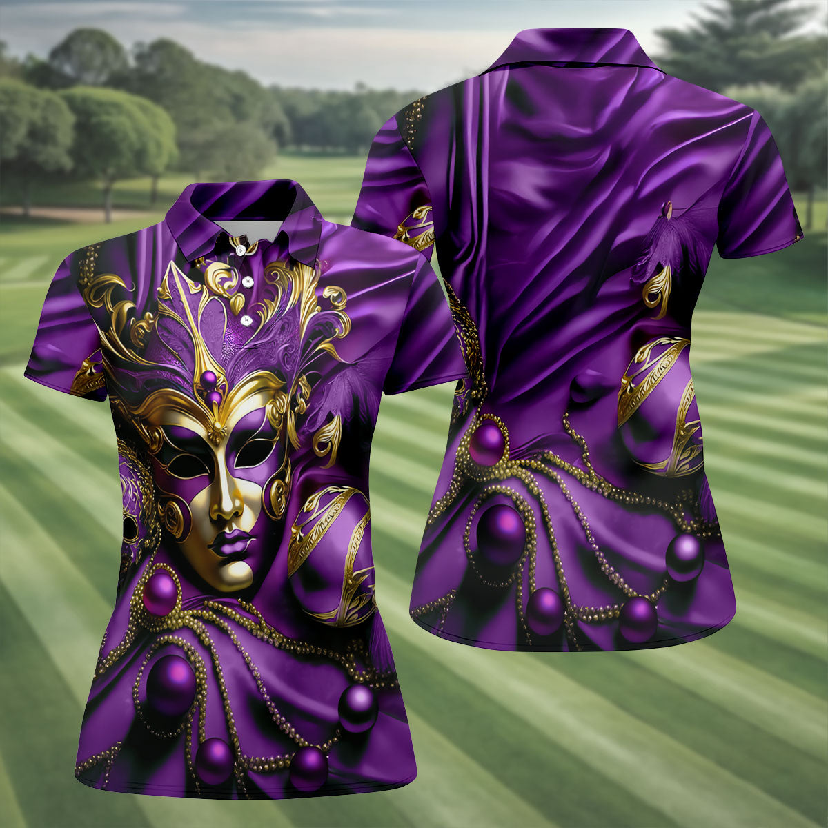 Mardi Gras Face Mask Purple Golf Shirt, Women's Golf Tops, Ladies Golf Polos, Women's Polo Shirt