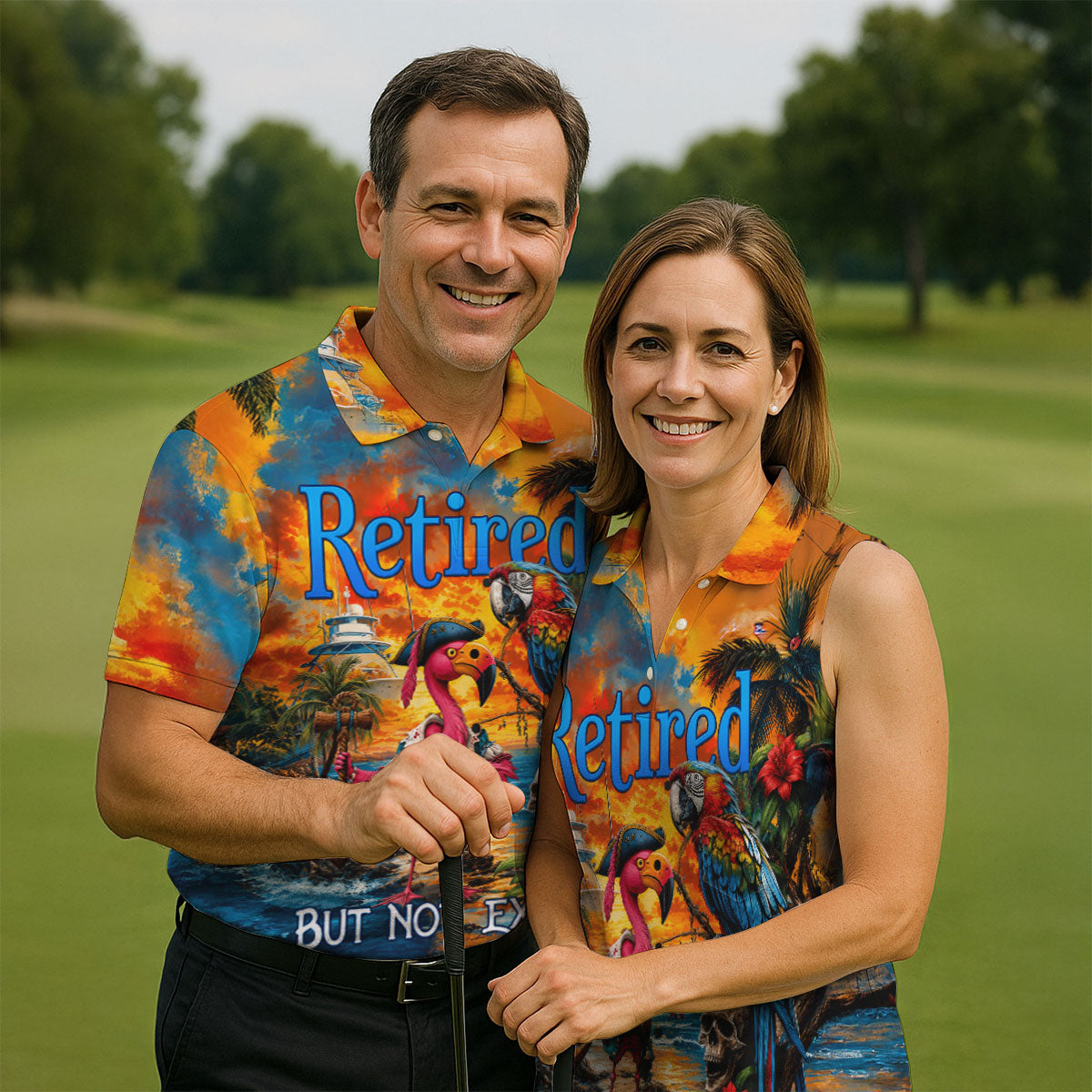 Retired Parrot Flamingo Pirate Tropical Golf Shirt, Mens Golf Polo, Hawaiian Golf Shirt, Golf Apparel For Men