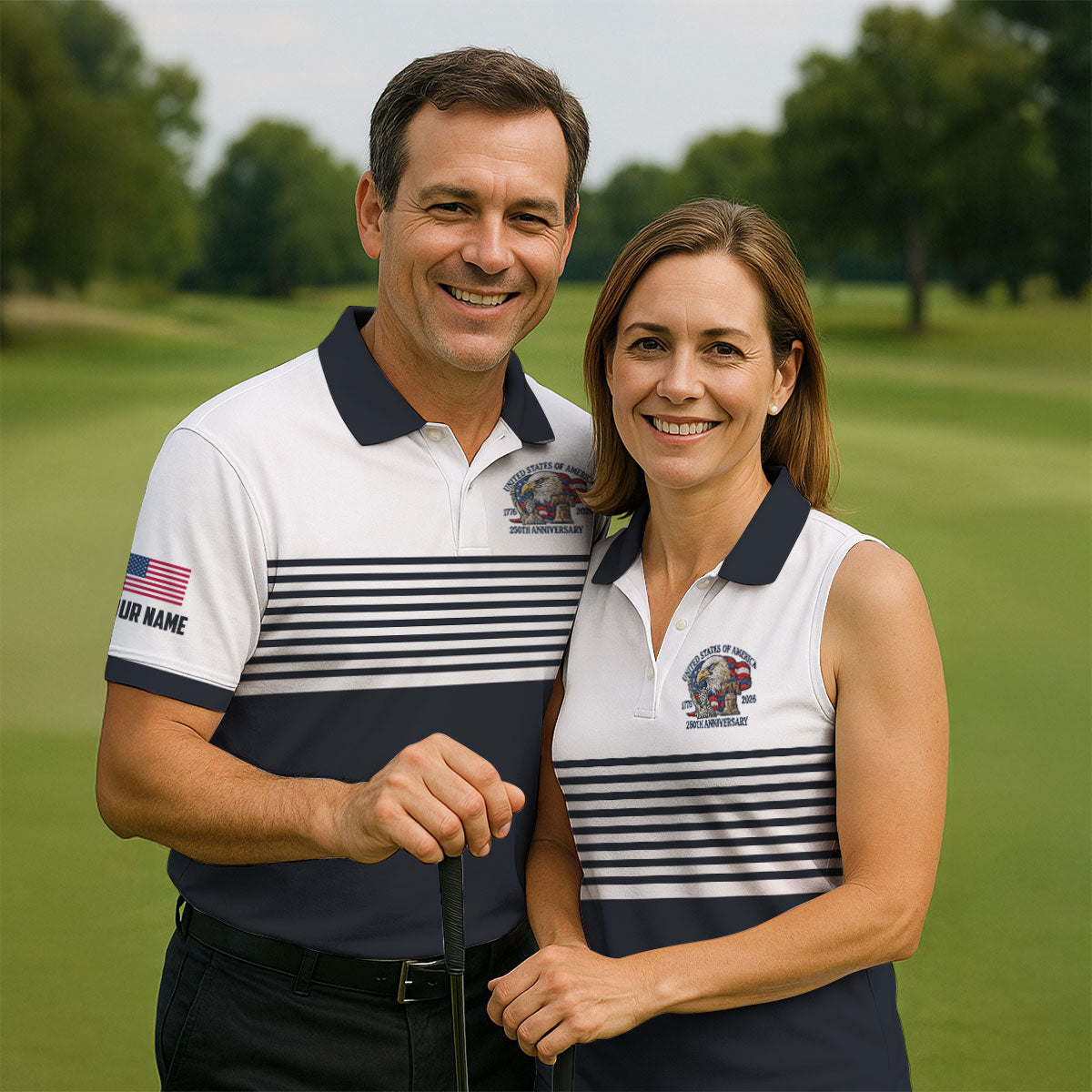 250th Anniversary Black Stripes Vintage Golf Shirt, Patriotic 4th Of July Golf Shirts For Men