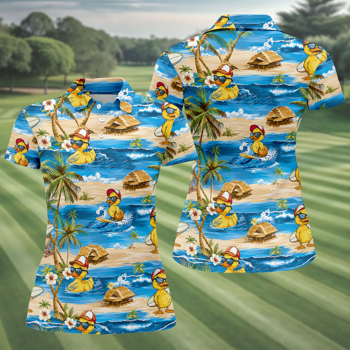 Funny Duck Hawaiian Golf Shirt, Summer Ocean Women's Golf Tops, Ladies Golf Shirts