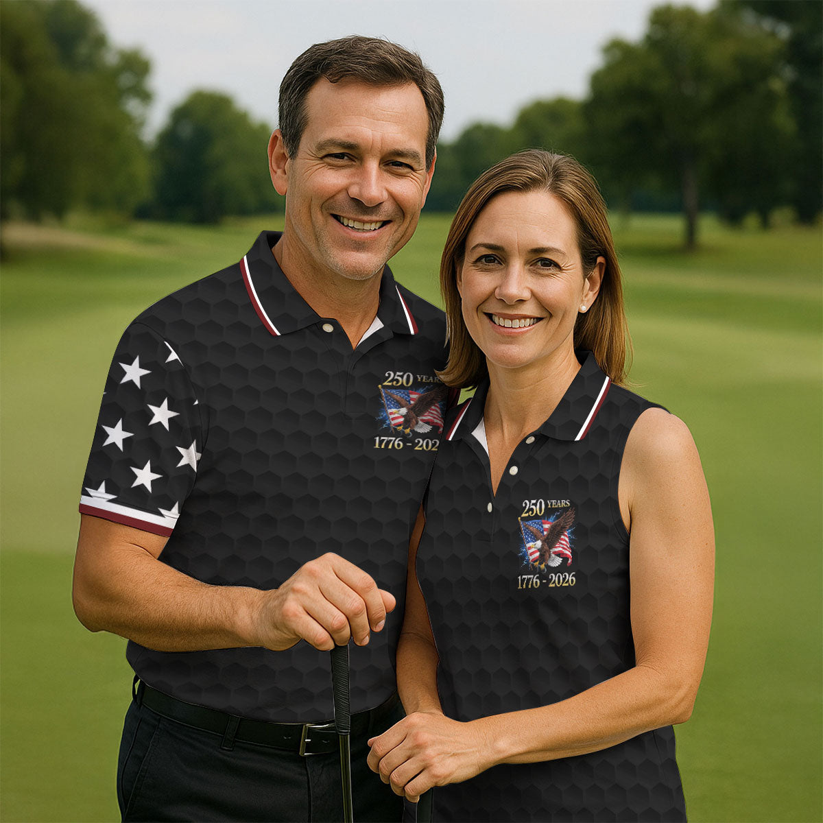 250 Years Bald Eagle US Flag Golf Shirt, Patriotic 4th Of July Golf Ball Pattern Golf Shirt For Women