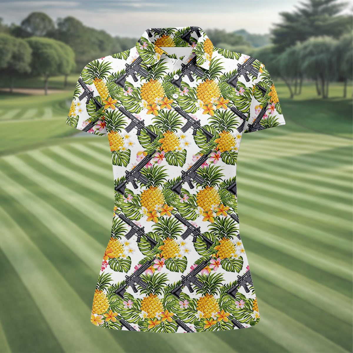 Tropical Pineapple Rifle Golf Shirt, Hawaiian Tactical Print, Women’s Golf Polo
