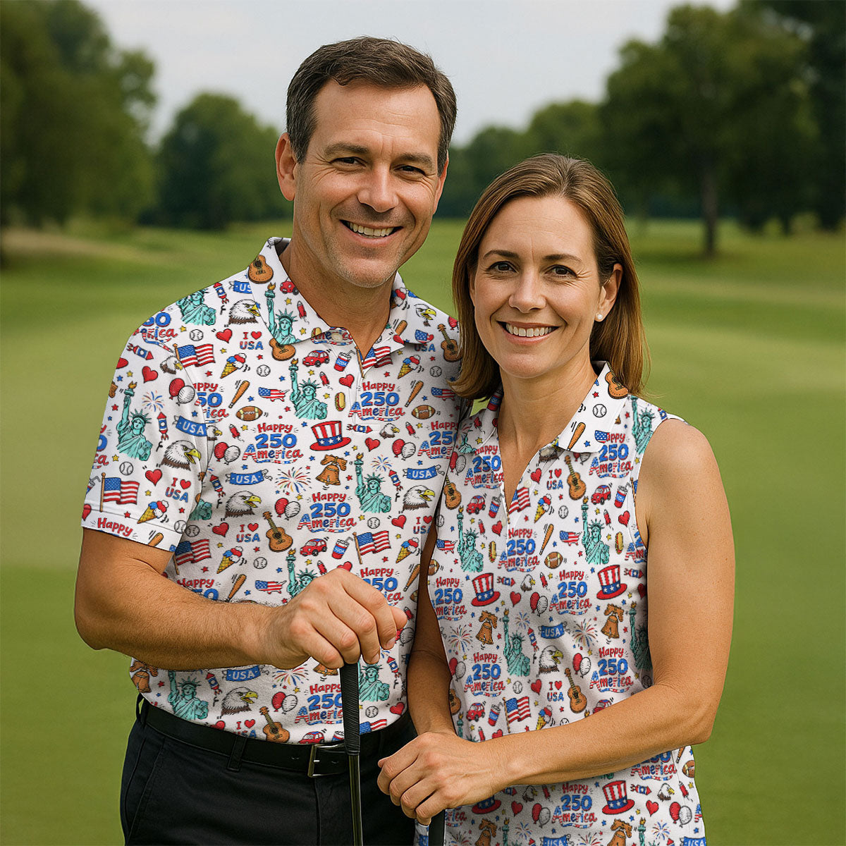 Happy 250 America Independence Celebration White Golf Shirt, Patriotic 4th Of July Golf Shirts For Men