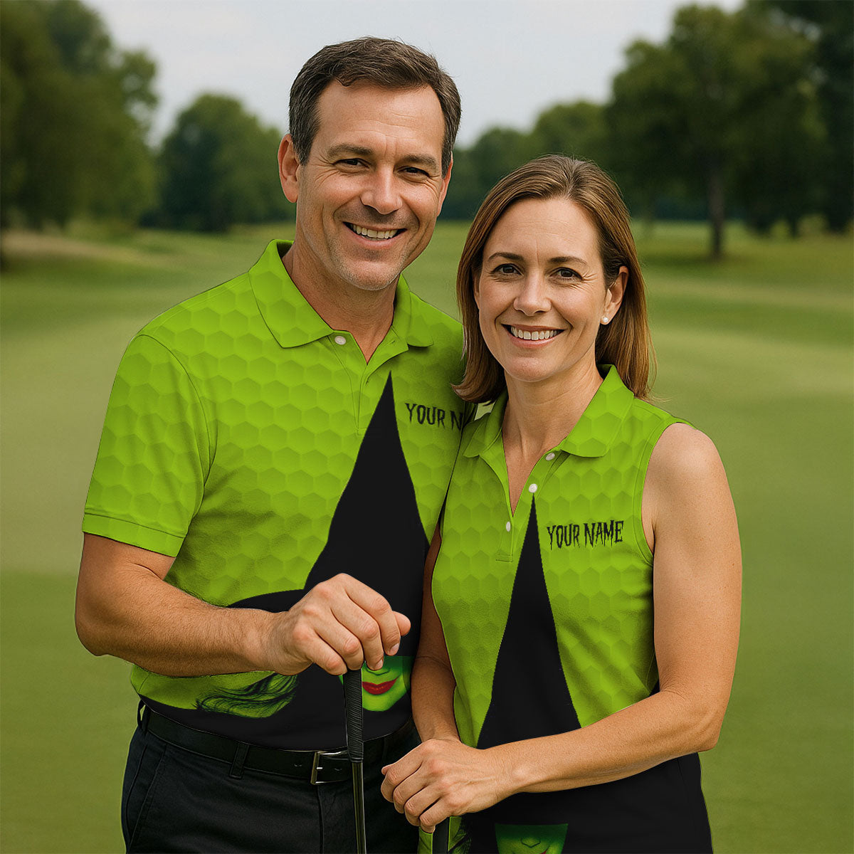 The Green Witch Golf Ball Pattern Golf Tops For Men, Spooky Vibe Men's Funny Golf Shirts, Halloween Golf Shirt