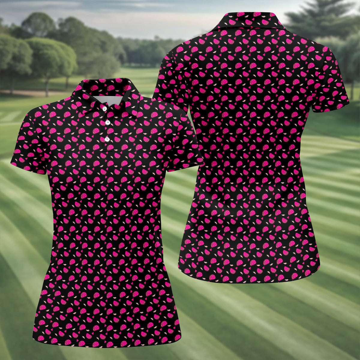 The Pink Taco Seamless Pattern Black Golf Shirt, Women's Golf Tops, Tacos Lover Golf Gift For Ladies