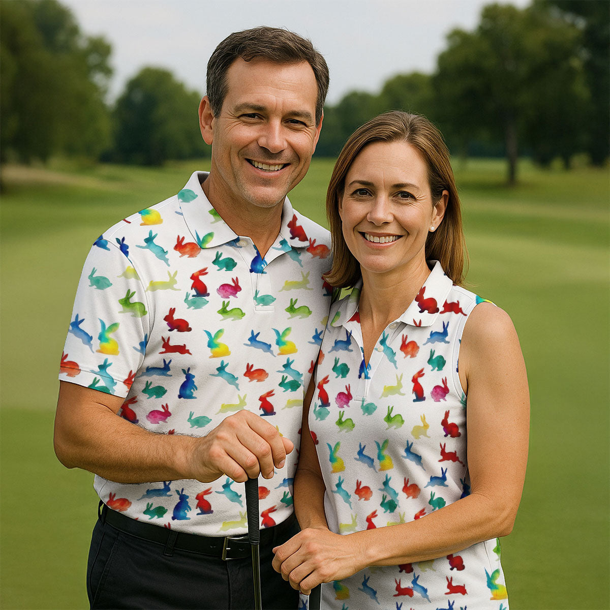 Colorful Bunny Funny Golf Shirt, Easter Bunny Pattern Golf Tops For Men, Golf Shirts For Men