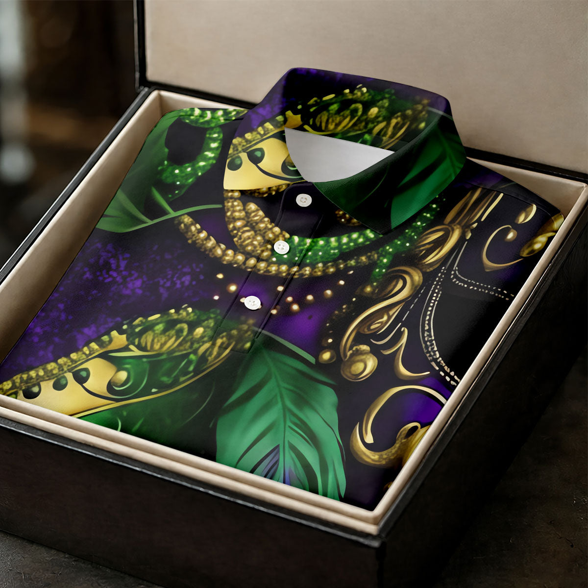 Purple Green Gold Carnival Mask Feather Print Mardi Gras Golf Shirt, Women's Golf Tops, Ladies Golf Shirts